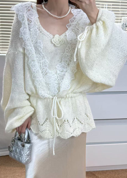 Grey Tie Waist Patchwork Lace Knit 2 Piece Outfit Winter