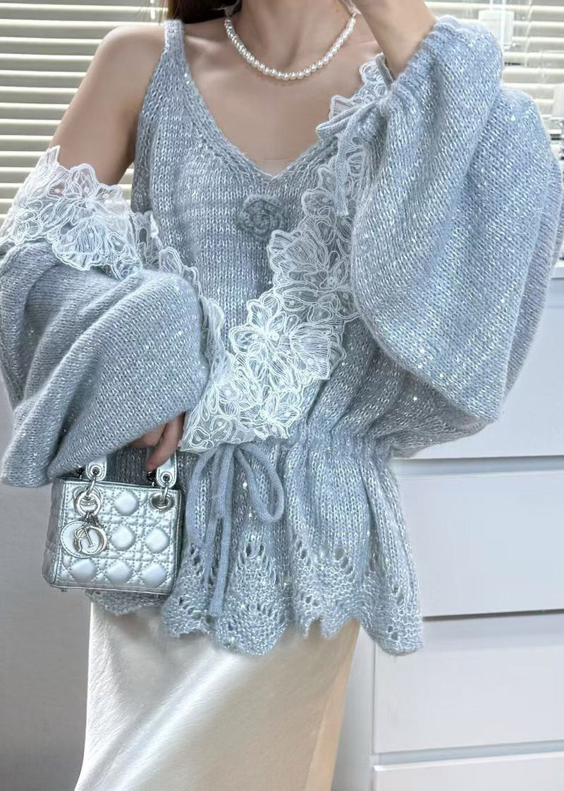Grey Tie Waist Patchwork Lace Knit 2 Piece Outfit Winter