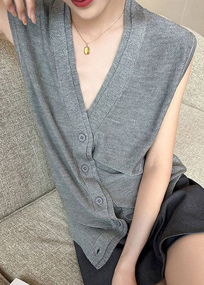 Grey V Neck Button Knit Vest Sleeveless
