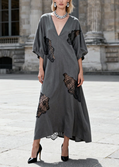 Grey V Neck Hollow Out Lace Patchwork Cotton Dresses Summer