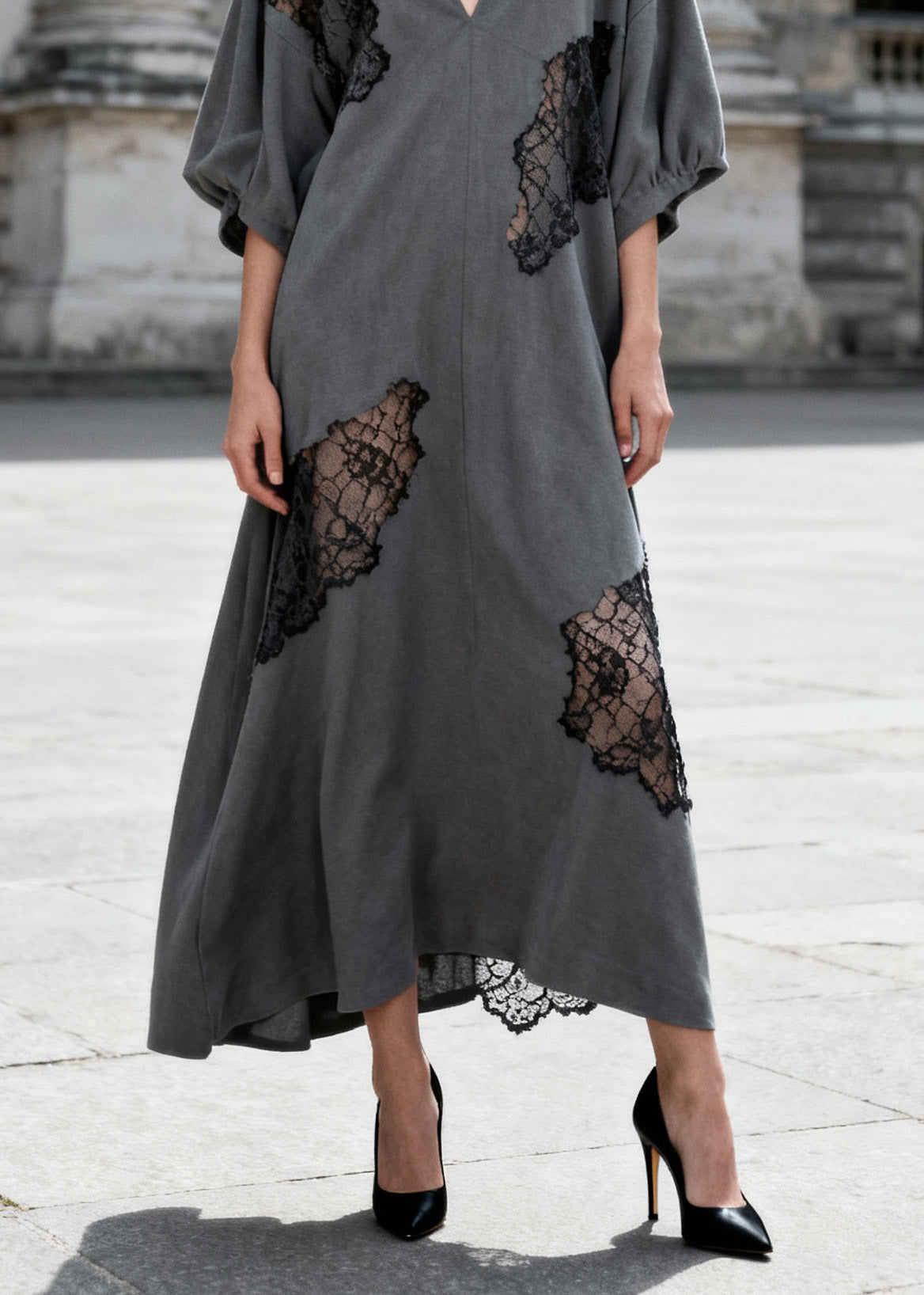 Grey V Neck Hollow Out Lace Patchwork Cotton Dresses Summer