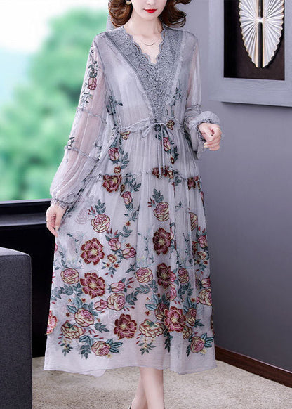 Grey V Neck Patchwork Embroideried Silk Cinched Dress Lantern Sleeve