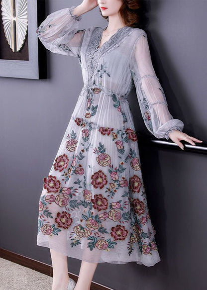 Grey V Neck Patchwork Embroideried Silk Cinched Dress Lantern Sleeve