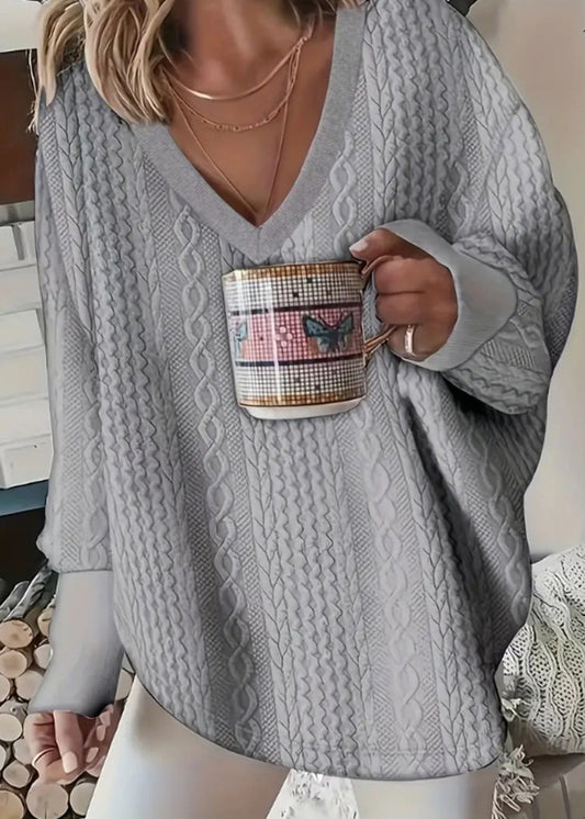 Grey V Neck Patchwork Loose Knit Shirt Top Fall