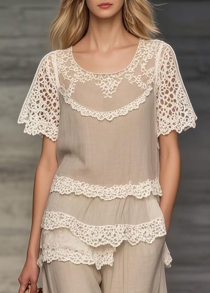 Khaki Asymmetrical Patchwork Lace Two Pieces Set Summer