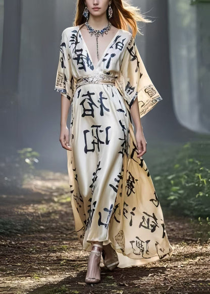 Khaki Cinched Print Silk Maxi Dresses Summer