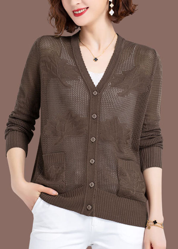 Khaki Hollow Out Embroideried Patchwork Thin Knit Cardigan Fall