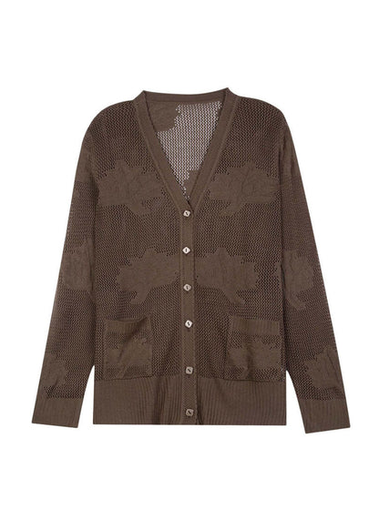 Khaki Hollow Out Embroideried Patchwork Thin Knit Cardigan Fall