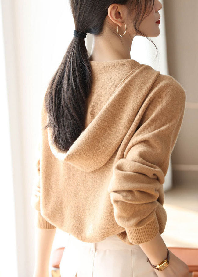 Khaki Hooded Oversized Wool Knit Sweater Tops Spring