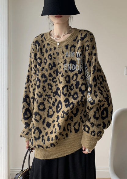 Khaki Leopard O Neck Cozy Knit Sweater Spring