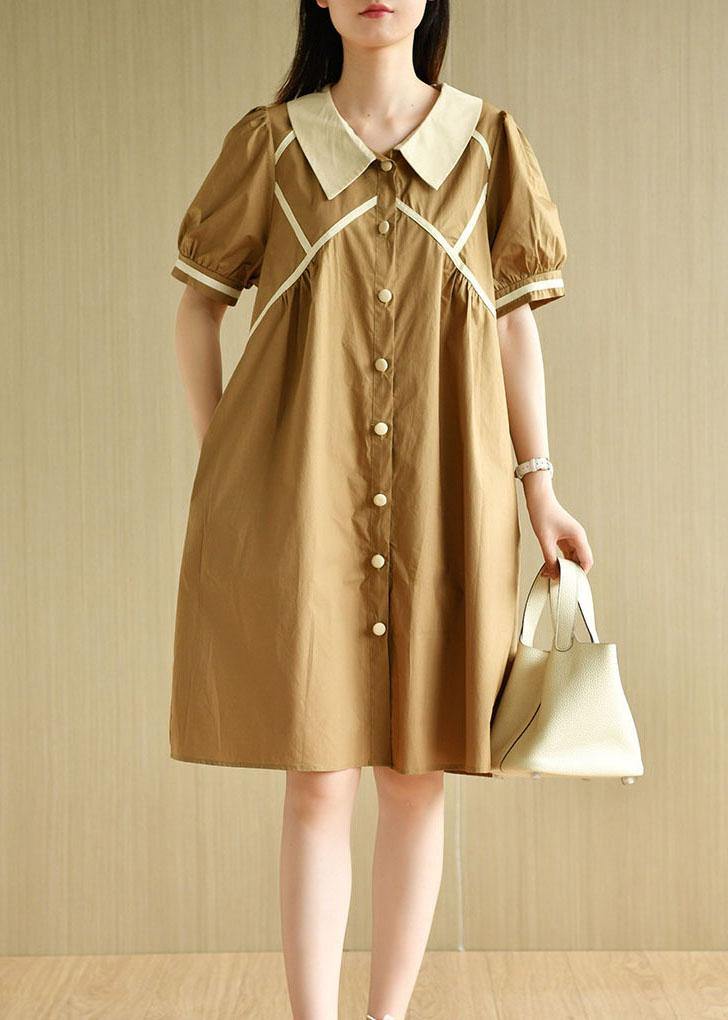 Khaki Loose Puff Sleeve a Line Summer Cotton Dress