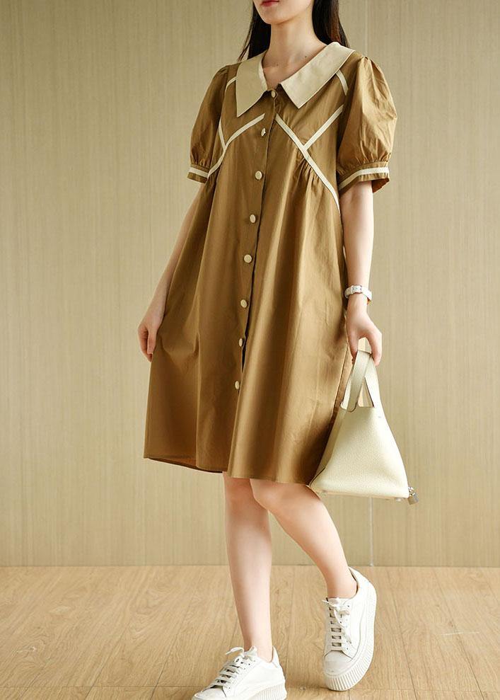 Khaki Loose Puff Sleeve a Line Summer Cotton Dress