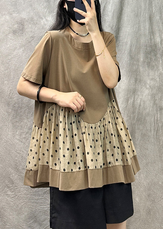 Khaki O Neck Dot Patchwork Cotton T Shirts Top Summer