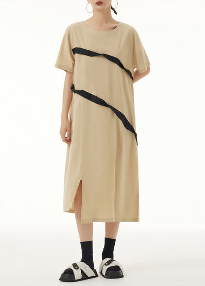 Khaki O Neck Front Open Patchwork Cotton Dresses Short Sleeve