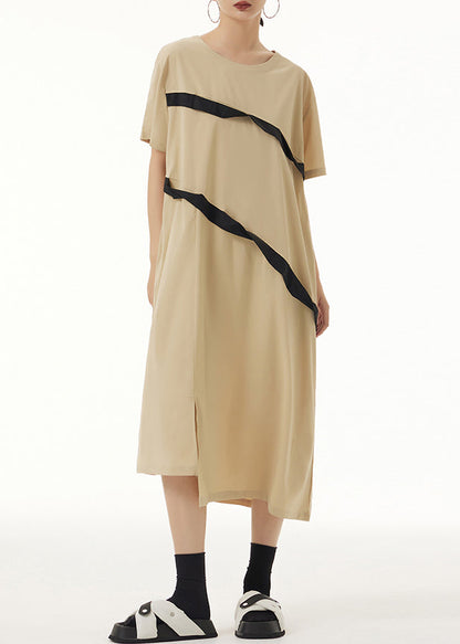 Khaki O Neck Front Open Patchwork Cotton Dresses Short Sleeve
