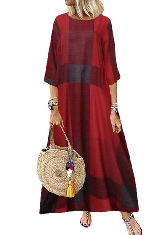Khaki O-neck Plaid Maxi Dresses Half Sleeve