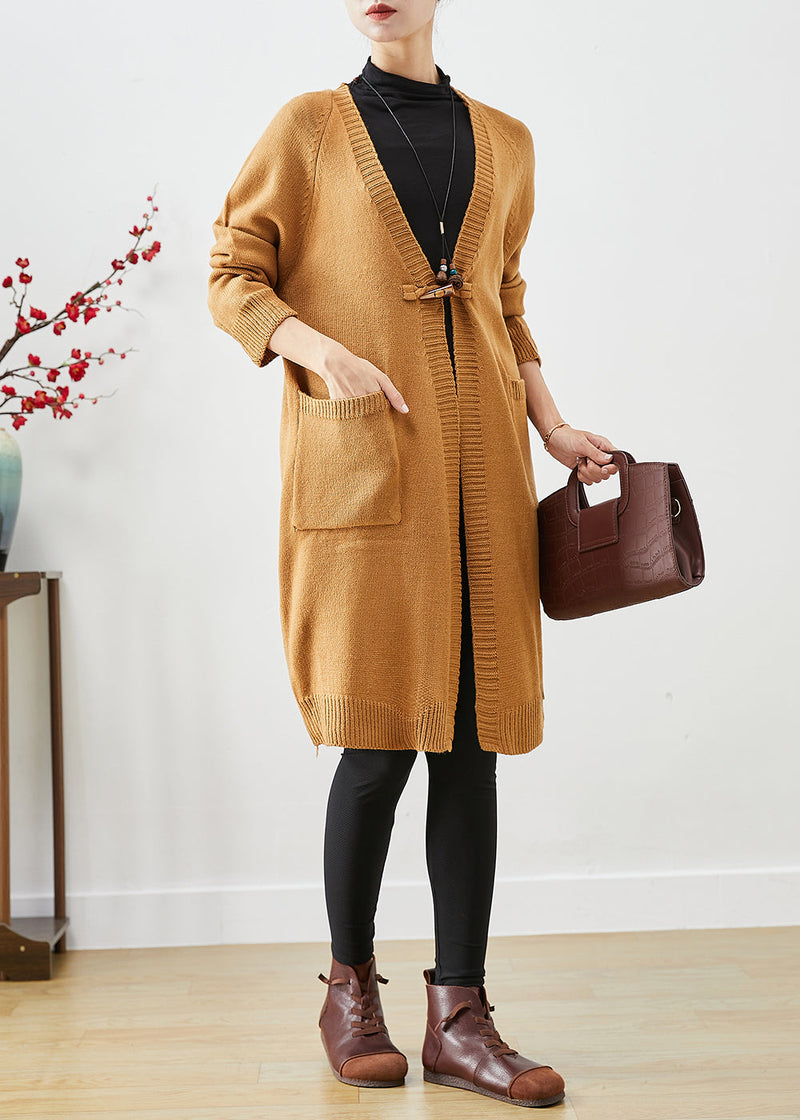 Khaki Oversized Pockets Knit Cardigan Fall