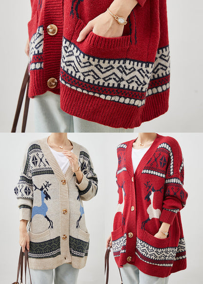 Khaki Oversized Print Knit Cardigans Winter