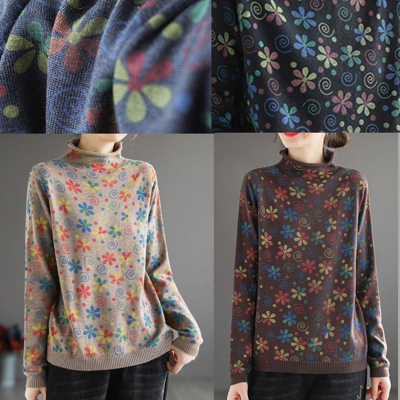 Khaki Print Sweater Tops High Neck Spring Knitwear