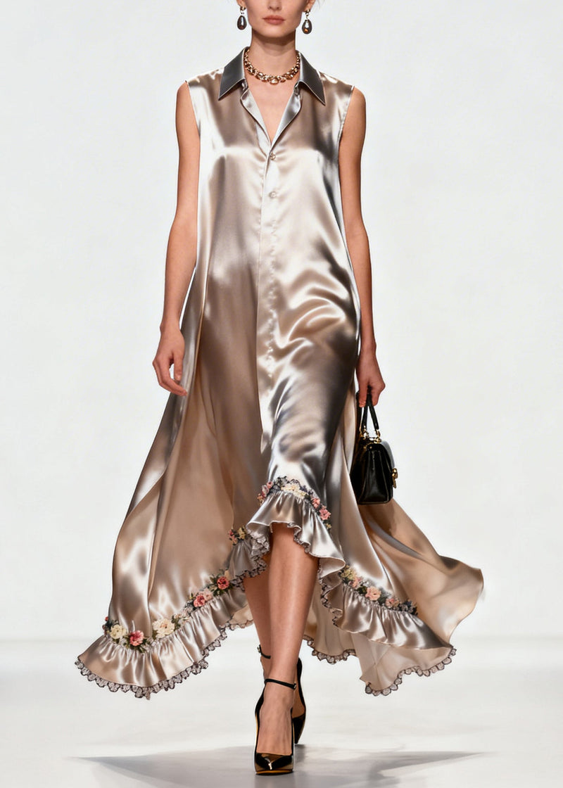Khaki Ruffled Silk Robe Dresses Sleeveless