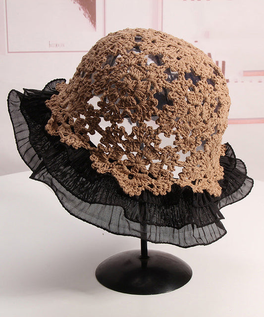 Khaki Ruffled Hollow Out Lace Patchwork Knit Bucket Hat