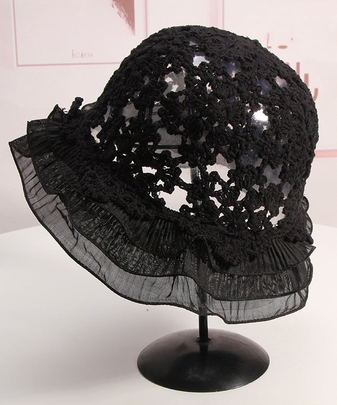 Khaki Ruffled Hollow Out Lace Patchwork Knit Bucket Hat