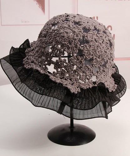 Khaki Ruffled Hollow Out Lace Patchwork Knit Bucket Hat