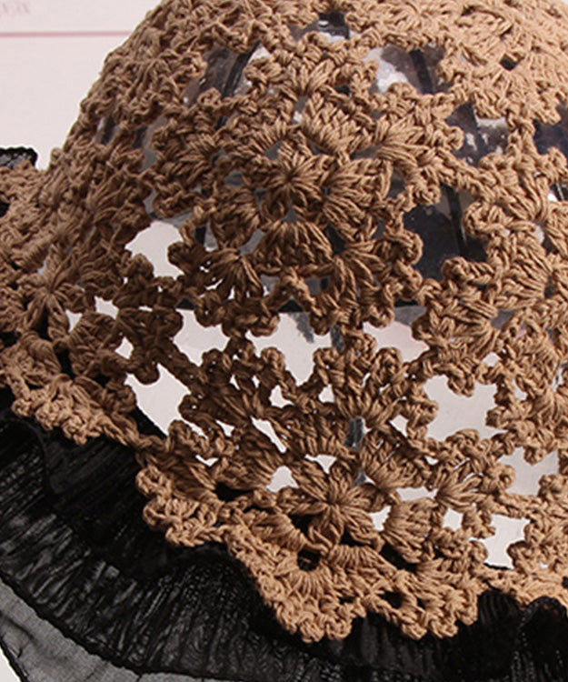 Khaki Ruffled Hollow Out Lace Patchwork Knit Bucket Hat