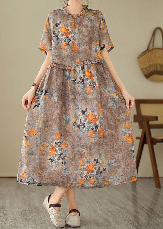 Khaki Ruffled Print Patchwork Cotton Dresses Summer