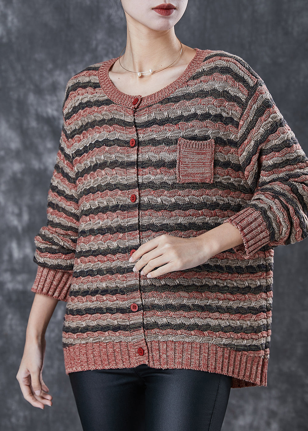 Khaki Striped Thick Knit Cardigans Spring