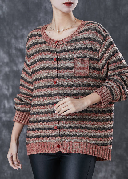Khaki Striped Thick Knit Cardigans Spring