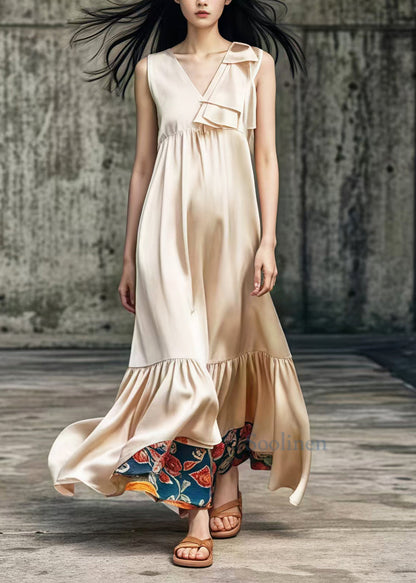 Khaki V Neck Patchwork Draping Silk Long Dress Summer