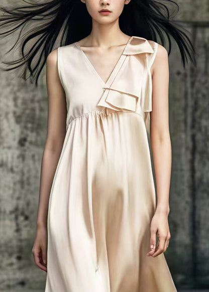 Khaki V Neck Patchwork Draping Silk Long Dress Summer