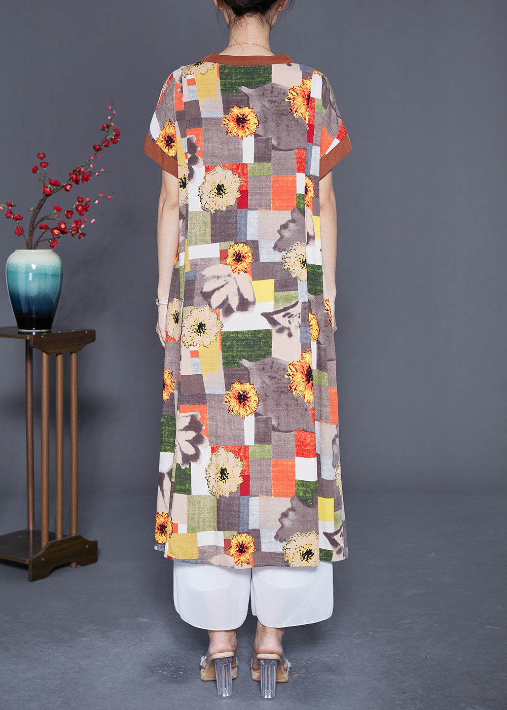 Khaki V Neck Patchwork Print Cotton Long Dress Summer