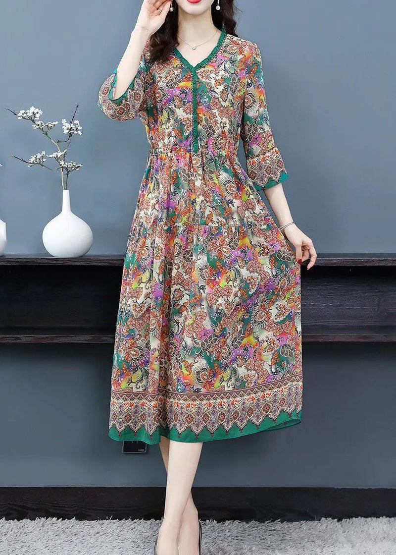 Khaki V Neck Ruffled Print Silk Robe Dresses Half Sleeve