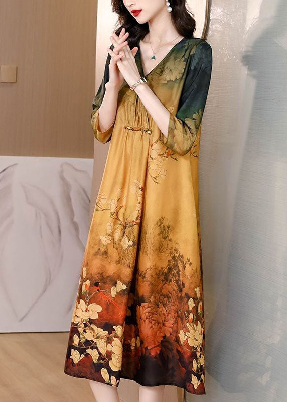 Khaki V Neck Tie Dye Print Silk Maxi Dresses Half Sleeve