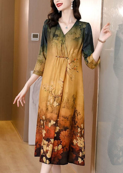 Khaki V Neck Tie Dye Print Silk Maxi Dresses Half Sleeve