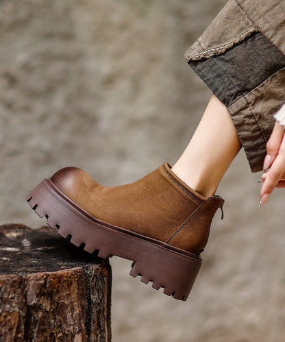 Khaki Zippered Splicing Platform Cowhide Leather Ankle Boots