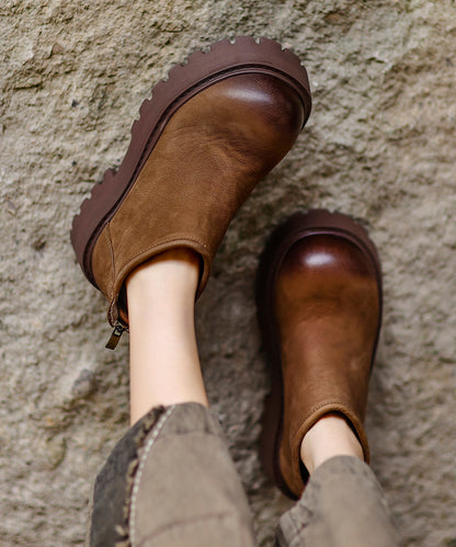 Khaki Zippered Splicing Platform Cowhide Leather Ankle Boots