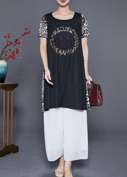 Leopard Patchwork Smiling Face Zircon Chiffon Dress Summer