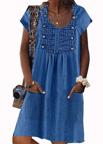 Light Blue O Neck Wrinkled Patchwork Denim Dress Summer