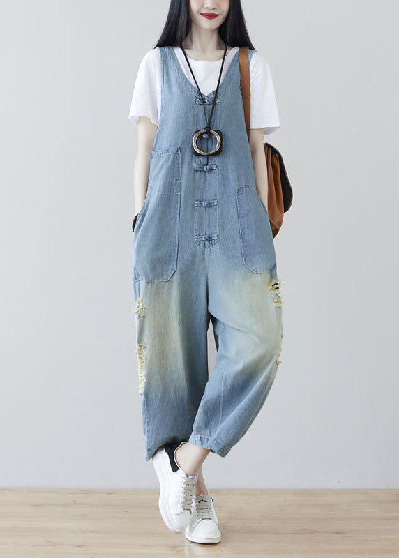 Light Blue Oriental Button Ripped Cotton Denim Jumpsuit Spring