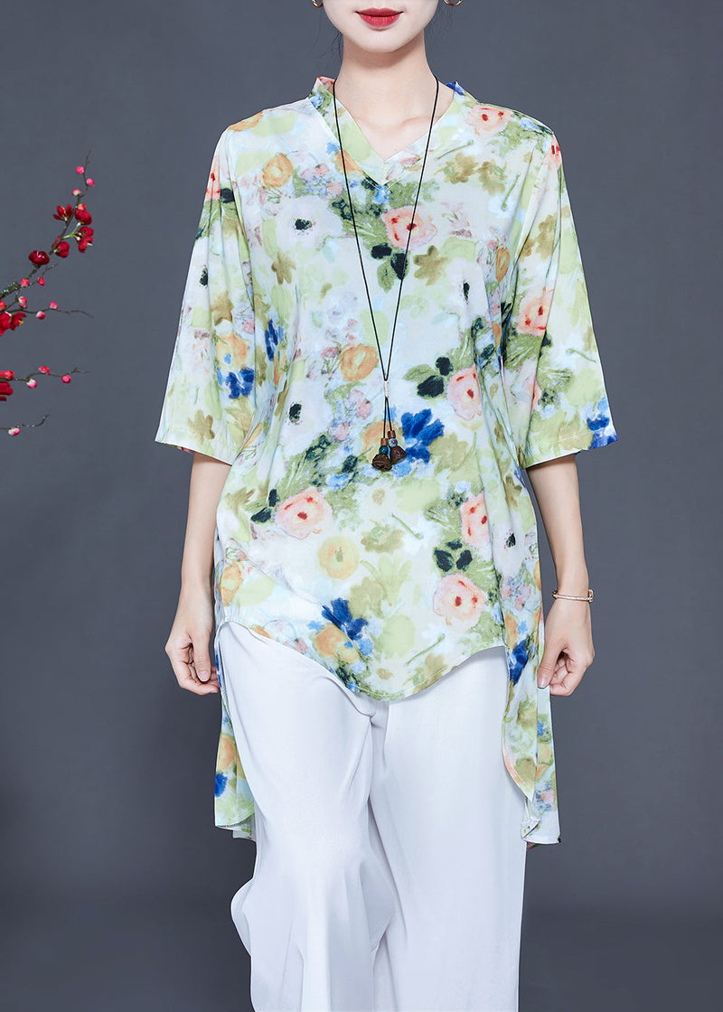 Light Green Print Low High Design Chiffon Two-piece Set Summer