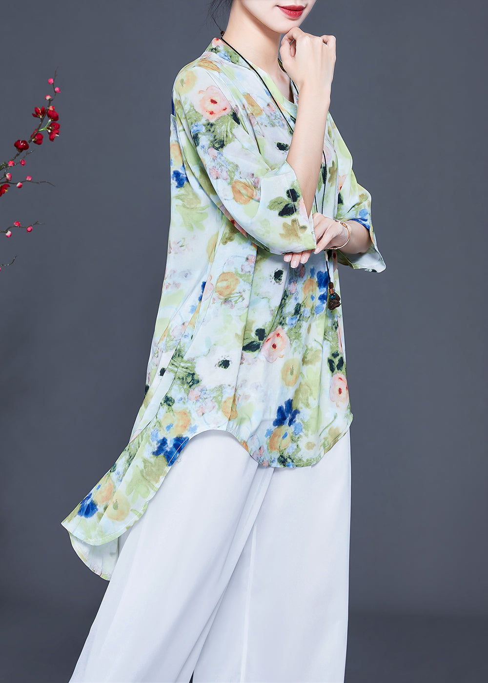 Light Green Print Low High Design Chiffon Two-piece Set Summer