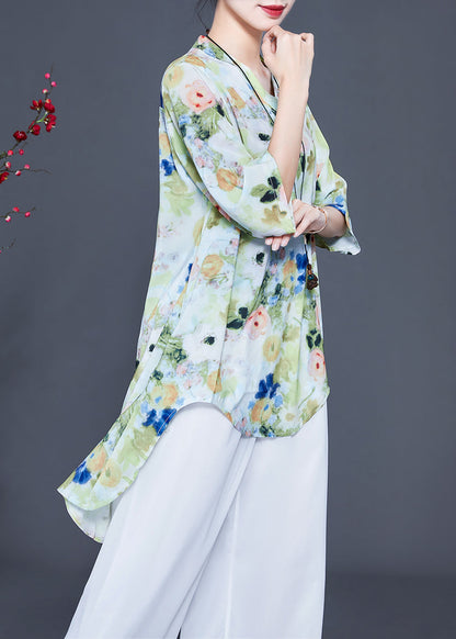 Light Green Print Low High Design Chiffon Two-piece Set Summer
