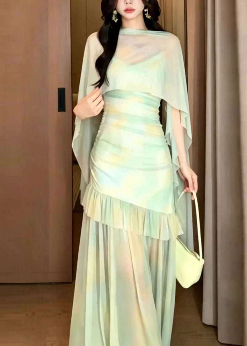 Light Green Print Tulle Maxi Dress and Cape Two Piece Set Summer