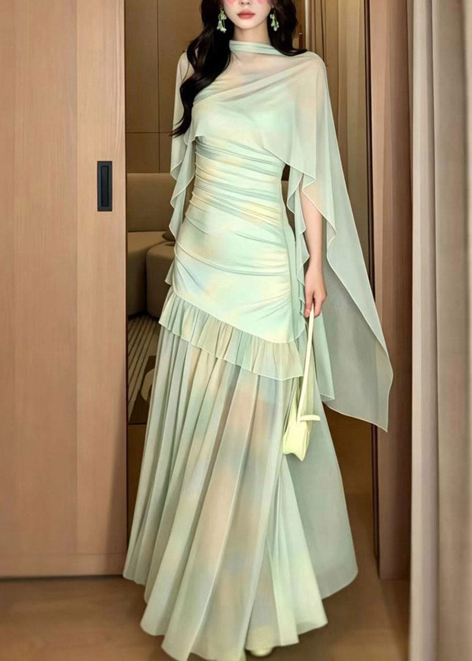 Light Green Print Tulle Maxi Dress and Cape Two Piece Set Summer