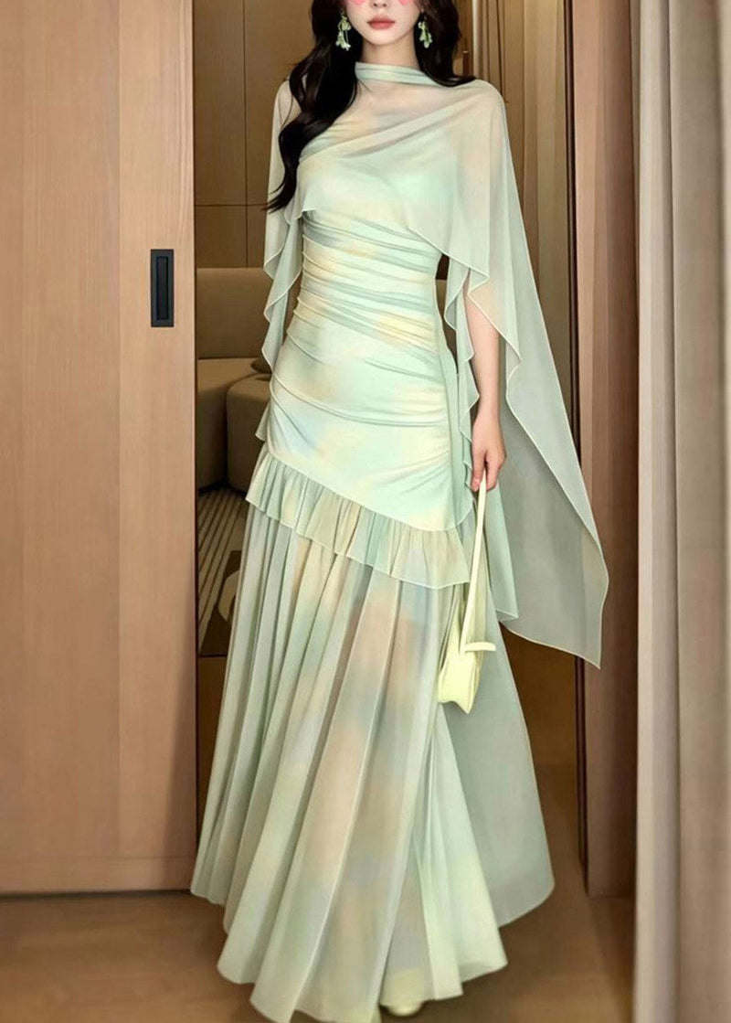 Light Green Print Tulle Maxi Dress and Cape Two Piece Set Summer