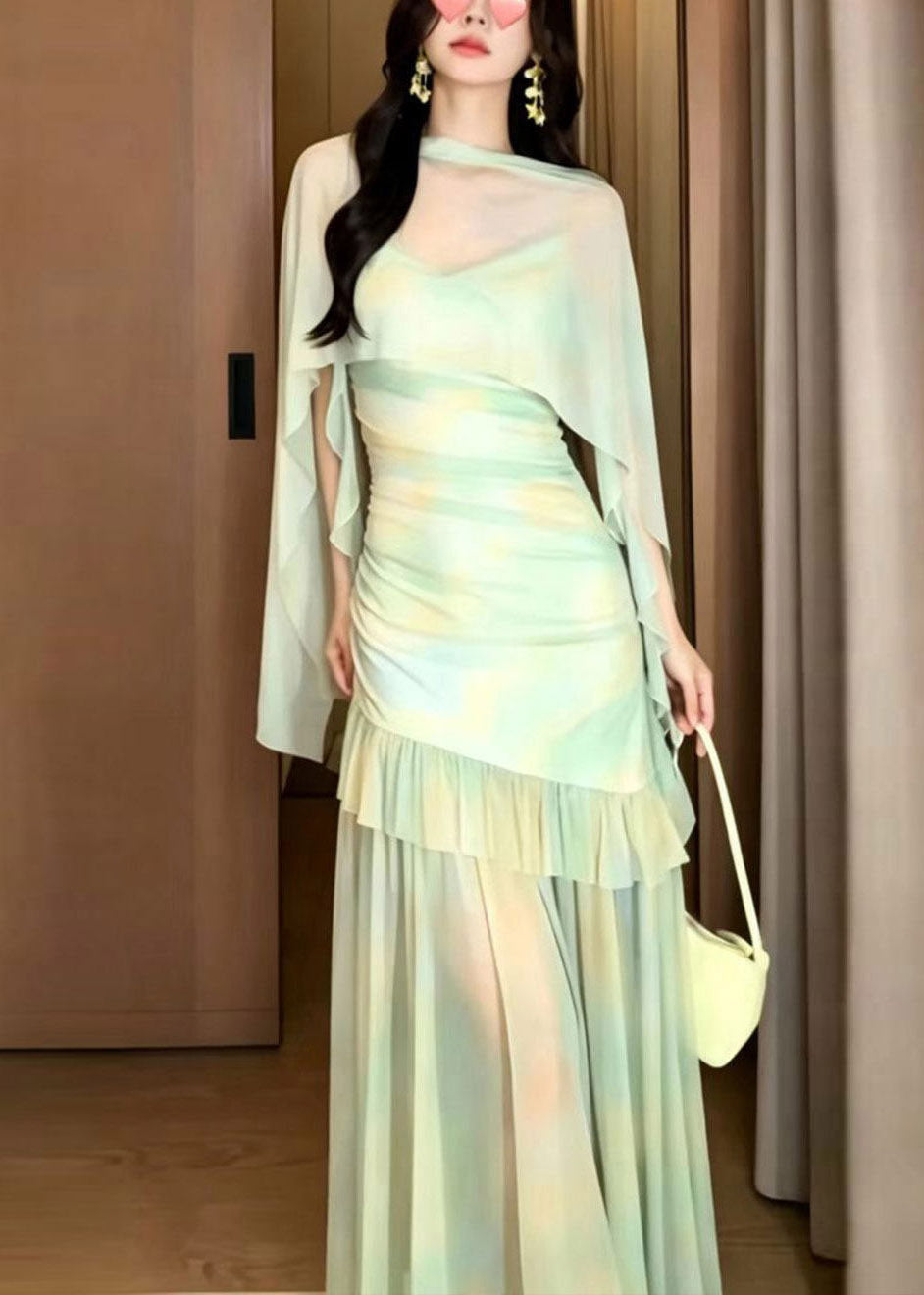 Light Green Print Tulle Maxi Dress and Cape Two Piece Set Summer