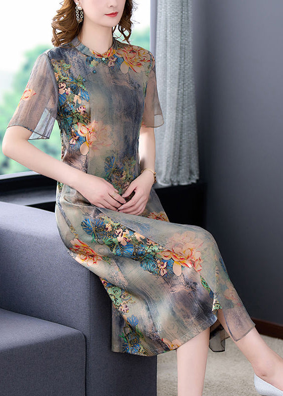 Light Grey Stand Collar Tie Dye Print Slim Fit Silk Dress Summer